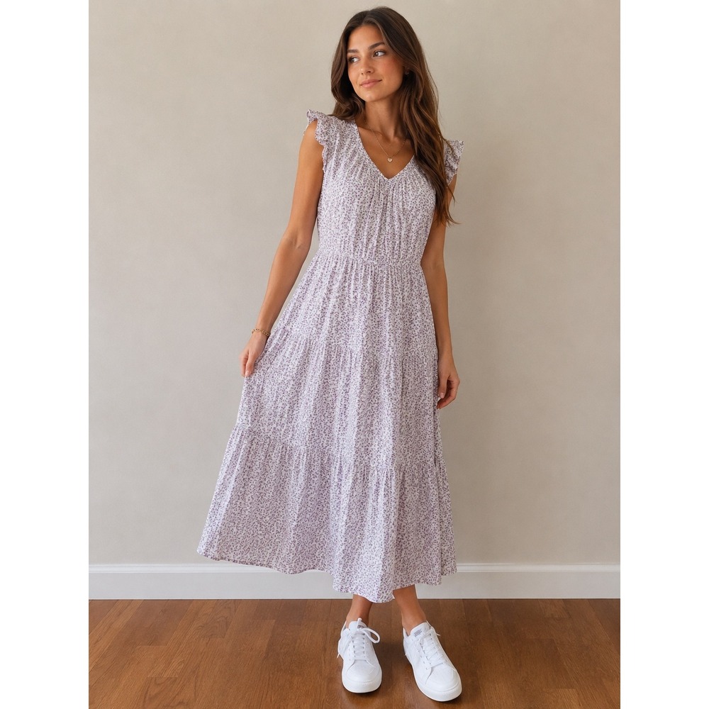 Hem & Thread Floral Crinkle Rayon Maxi Dress Boho Cottagecore Cream Purple Sz L